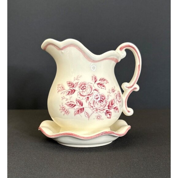 None Other - Vintage White Japanese Ceramic Pitcher Pink Floral Design Matching Saucer Plate